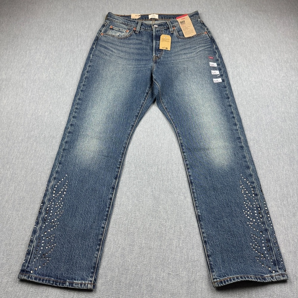 Levis 501 Curve Jeans Women 31X30 Blue‎ Curve Denim Straight Leg Rhinestones NWT